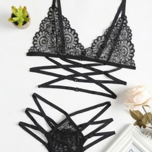 NWT Sheer Lace Strappy Bra & Panty - XL